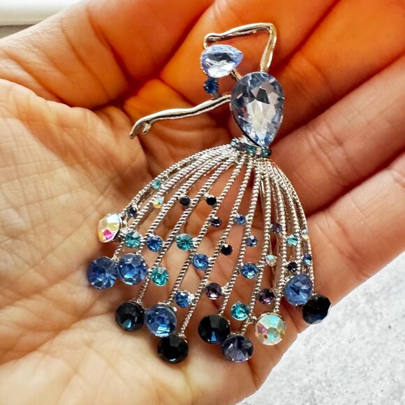 Vintage Ballerina Brooch With Blue Crystals 2 inches Tall - Picture 1 of 6